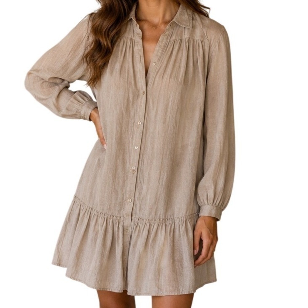 Zara Women Taupe Tan Ruffle Hem‎ Mini Shirt Dress Women's Small
